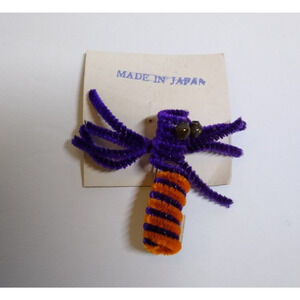 Halloween Spider Chenille Pin Blown Glass Eyes Vintage Japan Purple Orange NOS